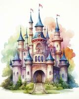 AI generated Colorful watercolor kawaii castle isolated on white background. AI Generated photo