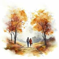 AI generated Watercolor autumn landscape with a couple walking. AI Generated photo