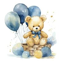 AI generated A watercolor baby teddy bear is sitting in the basket with blue and gold balloons. AI Generated photo