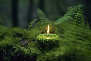 AI generated Burning candle on moss, dark green blurred the natural background. Magic candle. Generative AI photo
