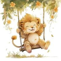 AI generated Cute and happy baby lion on swings on the tree in watercolor style. AI Generated photo