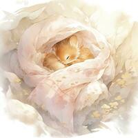 AI generated A sleepy baby squirrel in a bedding. watercolor illustration. AI Generated photo