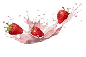 AI generated milk or yogurt splash with strawberries isolated on white background, 3d rendering. AI Generated photo