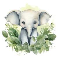 AI generated Happy cute baby elephant in green leaves in the watercolor style. AI Generated photo