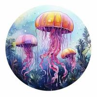 AI generated Jellyfish in an underwater landscape in a circle. AI Generated photo