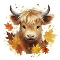 AI generated Happy cute baby highland cow in autumn leaves in the watercolor style. AI Generated photo