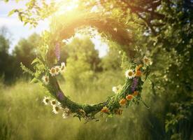 AI generated Rustic wildflowers wreath on a sunny meadow. Summer Solstice Day, Midsummer concept. Generative AI photo