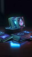 AI generated Some playing cards with glowing neon designs on a tablet. Generative AI photo