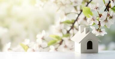 AI generated Toy house and cherry flowers, spring abstract natural background. Generative AI photo