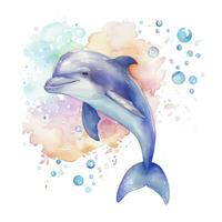 AI generated Watercolor fantasy Baby Dolphin clip art isolated white background. AI Generated photo