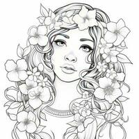 AI generated A girl on a coloring book page with Jasmine flowers. AI Generated photo