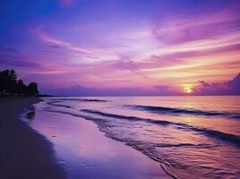 AI generated Summer beach with blue water and purple sky at the sunset.  AI Generated. photo
