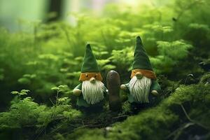 AI generated Toy Irish gnomes in a mystery forest, abstract green natural background. Generative AI photo