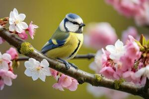 ai generado un bluetit pájaro descansando en el rama de un árbol. ai generado. foto