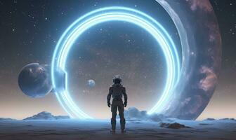 AI generated Astronaut in front of dimensional portal.  AI Generated. photo