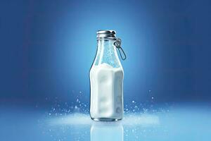 AI generated A glass bottle with full milk on blue background. AI Generated photo