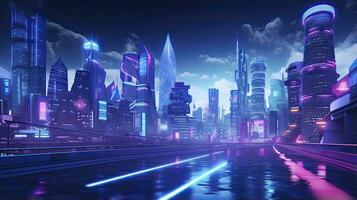 ai generado un futurista, cyberpunk inspirado paisaje urbano a noche. ai generado foto