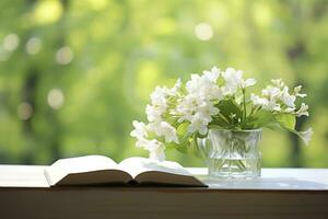 AI generated Jasmine flowers in a vase and open book on the table, green natural background. AI Generated photo