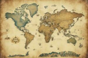 AI generated Great detailed illustration of the world map in vintage style. AI Generated photo