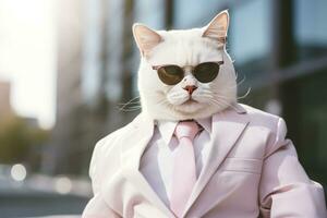 ai generado un gato es vistiendo Gafas de sol, traje y en pie en calle. ai generado foto