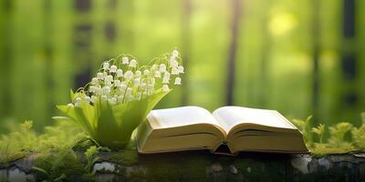 AI generated Lily of the Valley flowers and old books in the forest, green natural background. AI Generated photo
