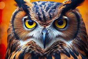 AI generated Owl headshot with closeup of face. Generative AI photo