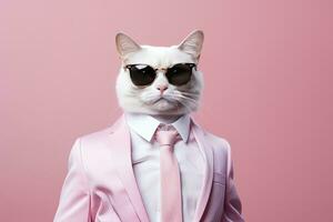 AI generated A cat is wearing sunglasses and suit on Pink Background. AI Generated photo