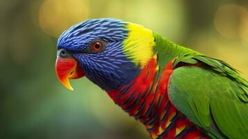 ai generado lado ver de cerca de hermosa y vistoso lorikeet verde nuca pájaro. generativo ai foto