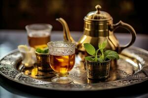 AI generated Traditional Moroccan tea set with decorative teapots, glasses, and mint leaves. Generative AI photo