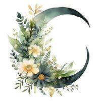 AI generated Watercolor floral Moon with greenery on a white background. AI Generated photo