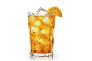 AI generated A glass of orange soda water with ice cubes on white background. AI Generated photo