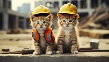 ai generado dos gatitos vistiendo difícil sombreros en un construcción sitio. generativo ai foto