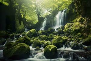 ai generado cascada paisaje con rocas cubierto en verde musgo. ai generado foto