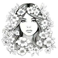 AI generated A girl on a coloring book page with Jasmine flowers. AI Generated photo