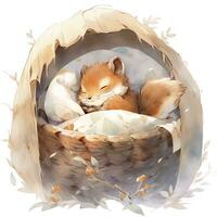 AI generated A sleepy baby squirrel in a bedding. watercolor illustration. AI Generated photo