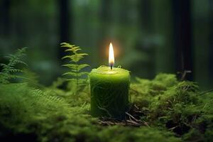 AI generated Burning candle on moss, dark green blurred the natural background. Magic candle. Generative AI photo