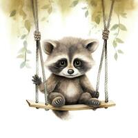 AI generated Cute baby raccoon in watercolour style, sitting on swings attached to the tree. AI Generated photo