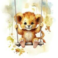 AI generated Cute happy baby lion on swings attached to the tree in watercolor style. AI Generated photo