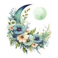 AI generated Watercolor floral Moon with greenery on a white background. AI Generated photo