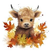 AI generated Happy cute baby highland cow in autumn leaves in the watercolor style. AI Generated photo