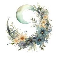 AI generated Watercolor floral Moon with greenery on a white background. AI Generated photo