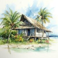 AI generated A watercolored bright serene image of a traditional bahay kubo. AI Generated photo