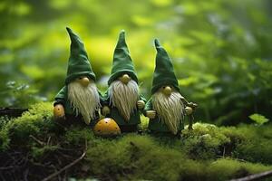 ai generado juguete irlandesa gnomos en un misterio bosque, resumen verde natural antecedentes. generativo ai foto