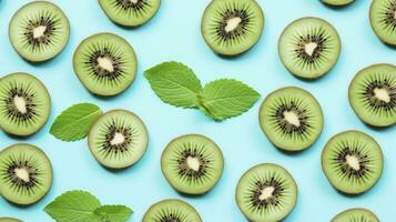 AI generated Slices of kiwi fruit and green mint leaves on a light pastel blue background. AI Generated photo