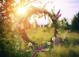 AI generated Rustic wildflowers wreath on a sunny meadow. Summer Solstice Day, Midsummer concept. Generative AI photo