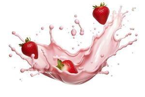 AI generated milk or yogurt splash with strawberries isolated on white background, 3d rendering. AI Generated photo