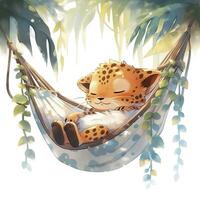 AI generated A sleepy baby leopard in a hammock. watercolor illustration. AI Generated photo