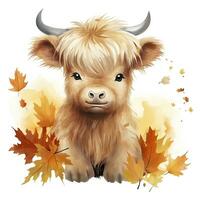 AI generated Happy cute baby highland cow in autumn leaves in the watercolor style. AI Generated photo