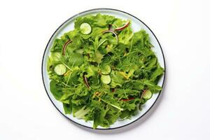 AI generated Healthy fresh green salad plate shot from above on white background. AI Generated photo