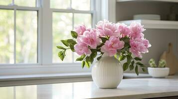 ai generado un blanco florero lleno de rosado flores es sentado en encimera. ai generado foto